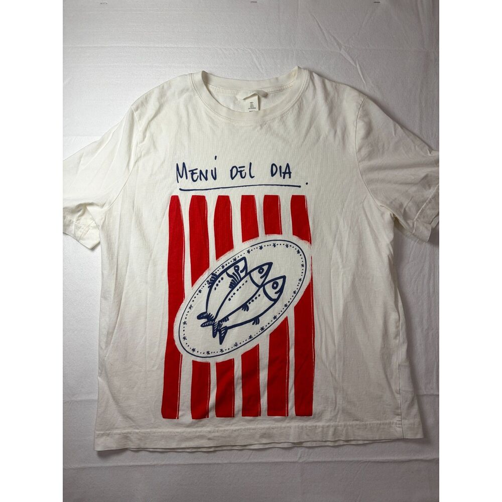 H&M Menu Del Dia Fish Graphic T-Shirt White Red Stripes Coastal Women Large